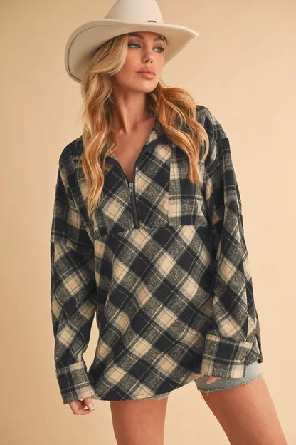 Aemi + Co Slit Plaid Half Zip Drop Shoulder Top - Farnelli
