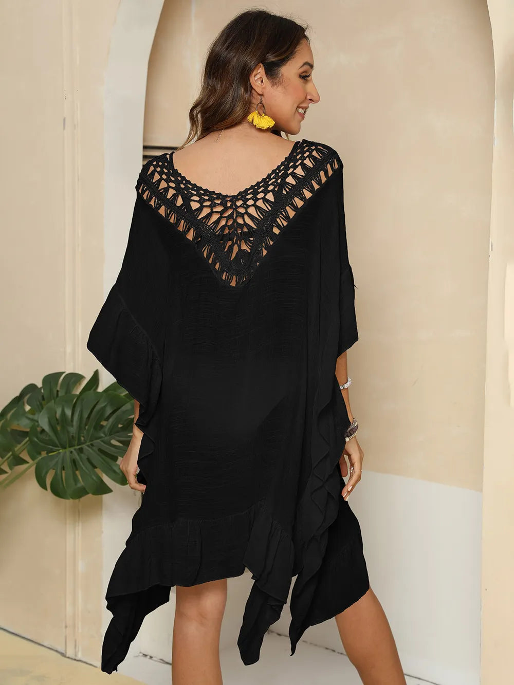 Cutout Ruffled Half Sleeve Cover-Up - Farnelli