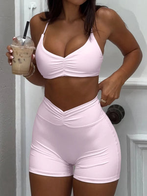 Ruched Sports Bra and High-Waisted Shorts Active Set - Farnelli
