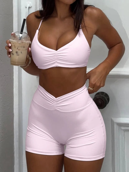Ruched Sports Bra and High-Waisted Shorts Active Set - Farnelli