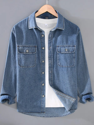 Men's Plus Size Washed Long Sleeve Denim Shirt - Farnelli