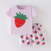 Children's Strawberry Round Neck Tee and Shorts Set - Pink Purple
