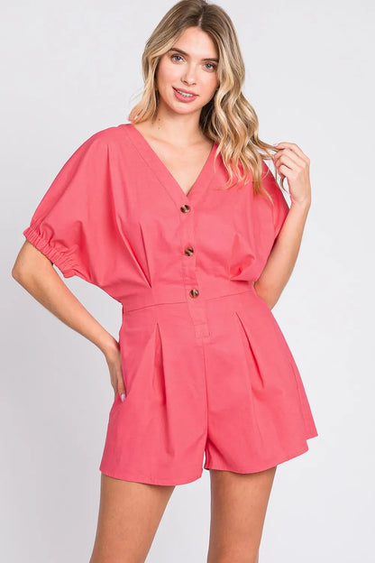 GeeGee Half Button V-Neck Linen Romper - Farnelli