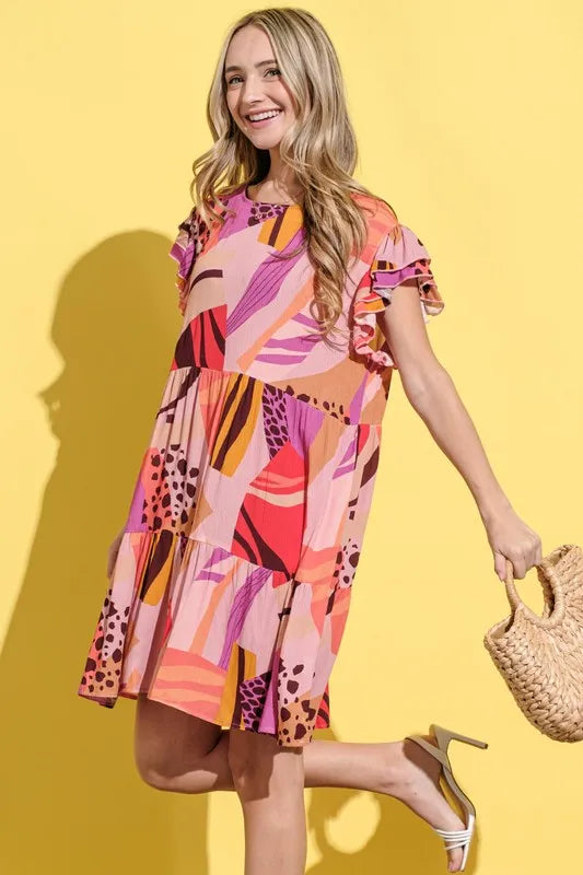 And The Why Printed Double Ruffles Sleeve Dress - Farnelli