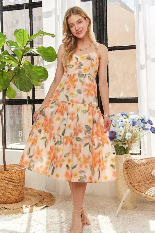 ADORA Smocked Back Floral Adjustable Strap Midi Dress - Farnelli