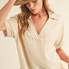 Aemi + Co Side Slit Johnny Collar Short Sleeve Cotton Gauze Blouse - Oatmeal