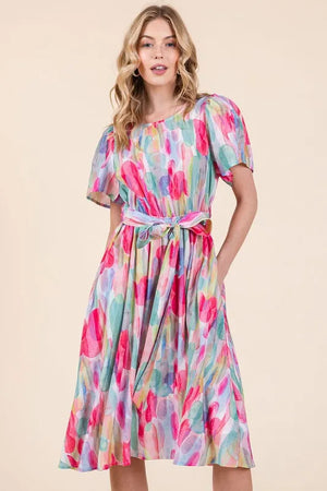 Lime 'N' Chili Watercolor Print Tie Front Midi Dress - Farnelli