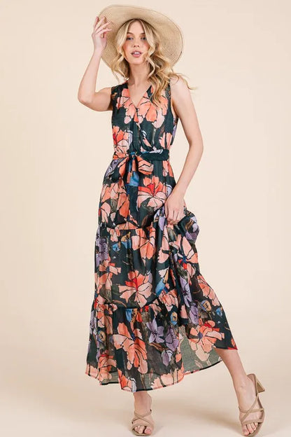 Lime 'N' Chili Floral Print Sleeveless Tie Waist Maxi Dress - Farnelli