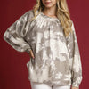 Umgee Full Size Metallic Fabric Blouse with Balloon Sleeves Plus Size - TAUPE