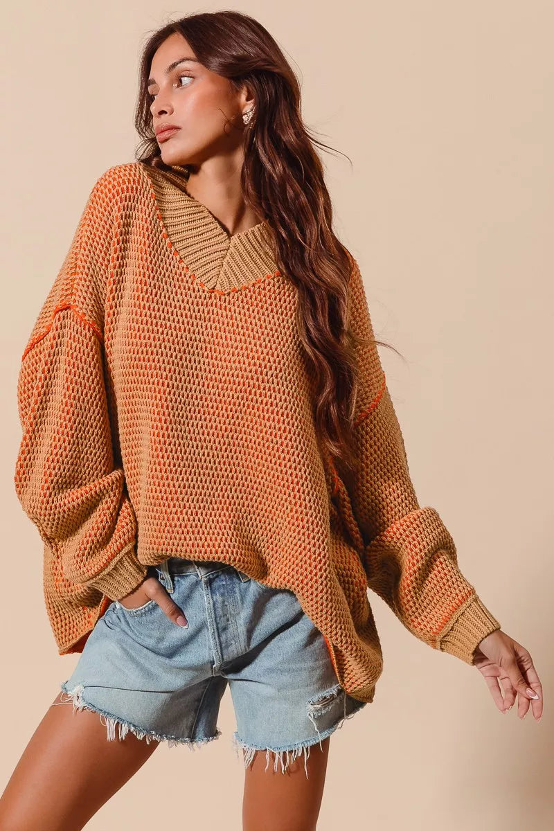 SO ME Oversized Two Tone Textured V Neck Sweater - Farnelli