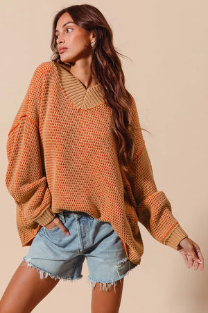SO ME Oversized Two Tone Textured V Neck Sweater - Farnelli