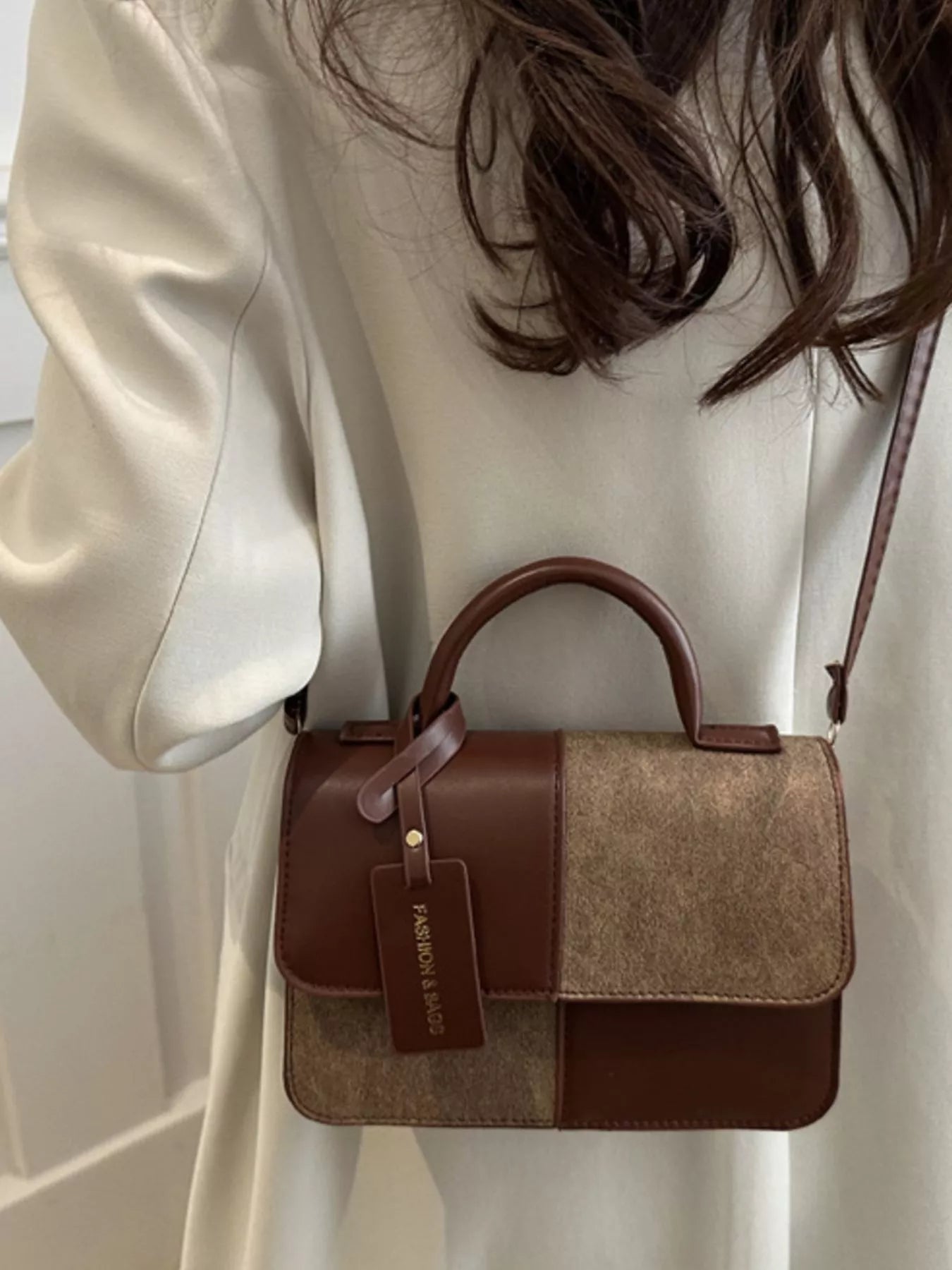 Color Block Flap Crossbody Bag with Top Handle - Farnelli