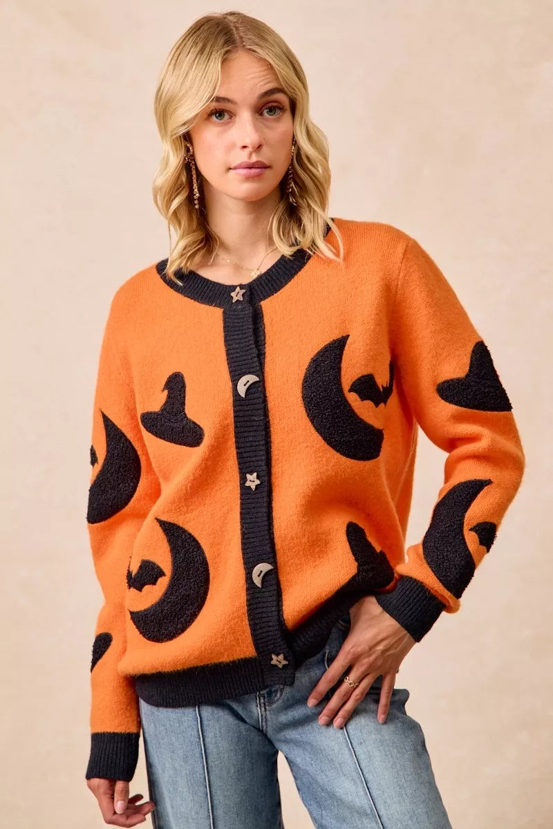 BiBi Halloween Witch Hat Moon Bat Artwork Cardigan - Farnelli