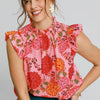 Umgee Full Size Floral Print Ruffled Cap Sleeve Blouse Plus Size - PINK MIX