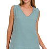 Zenana Double Gauze Raw Edge V-Neck Tank - BLUE GREY