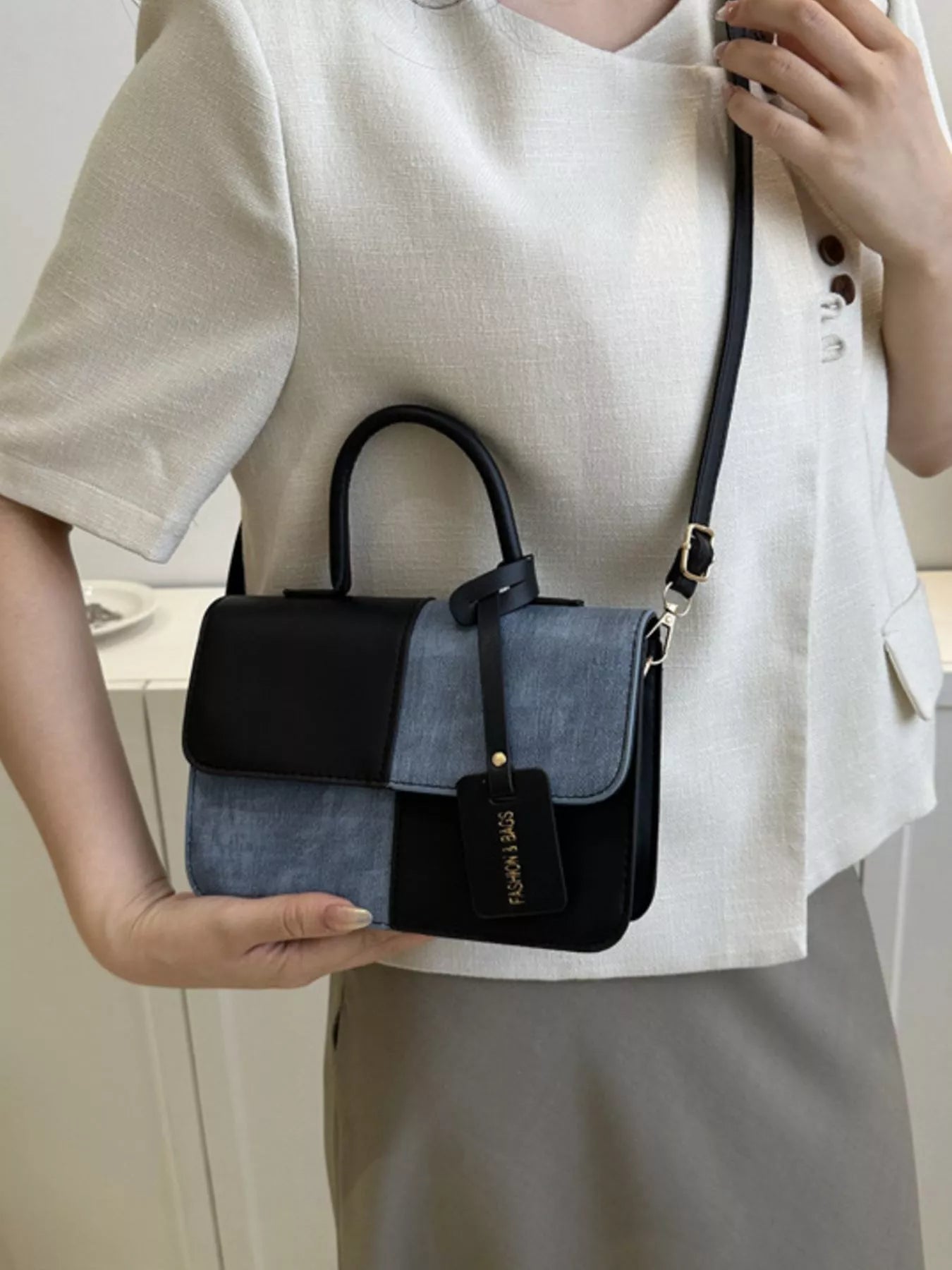 Two-Tone PU Leather Crossbody Bag - Farnelli