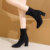 Point Toe Block Heels Boots - Black