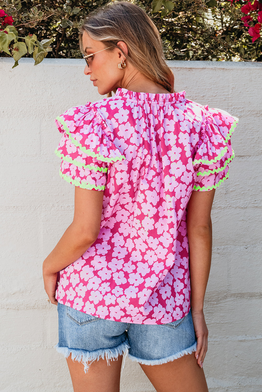 Capri Floral Ric Rac Ruffle Sleeve Blouse - Farnelli