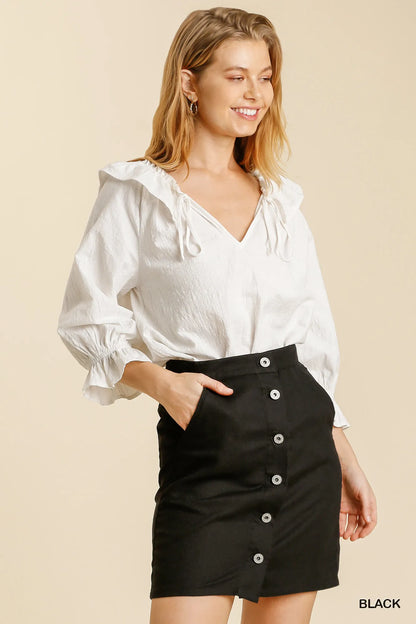 Umgee Linen Blend Button Down Skirt with Pockets - Farnelli
