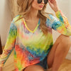 BiBi Tie Dye Long Sleeve V-Neck T-Shirt - LIME MULTI