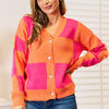 Angel Wings Woven Right Checkered V-Neck Dropped Shoulder Cardigan - Hot Pink