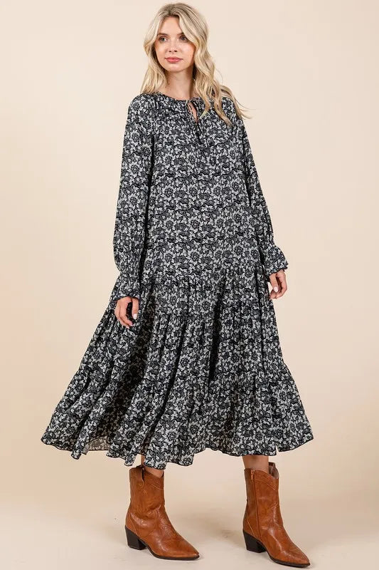 Mittoshop Printed Tie Neck Flounce Sleeve Midi Dress - Farnelli