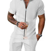 Men's Plus Size Zip Up Short Sleeve Top and Shorts Set - White