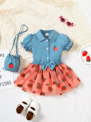 Children's Strawberry Short Sleeve Top and Skirt Set with Bag - Farnelli