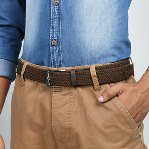 Brown braided canvas belt from Classy Leather Bags, featuring a leather strap with intricate woven design.