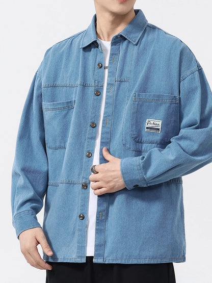Men's Plus Size Button Up Long Sleeve Denim Shirt - Farnelli