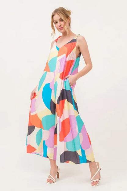 And The Why Tied Shoulder Straps Wide-Leg Geo Print Jumpsuit - Farnelli