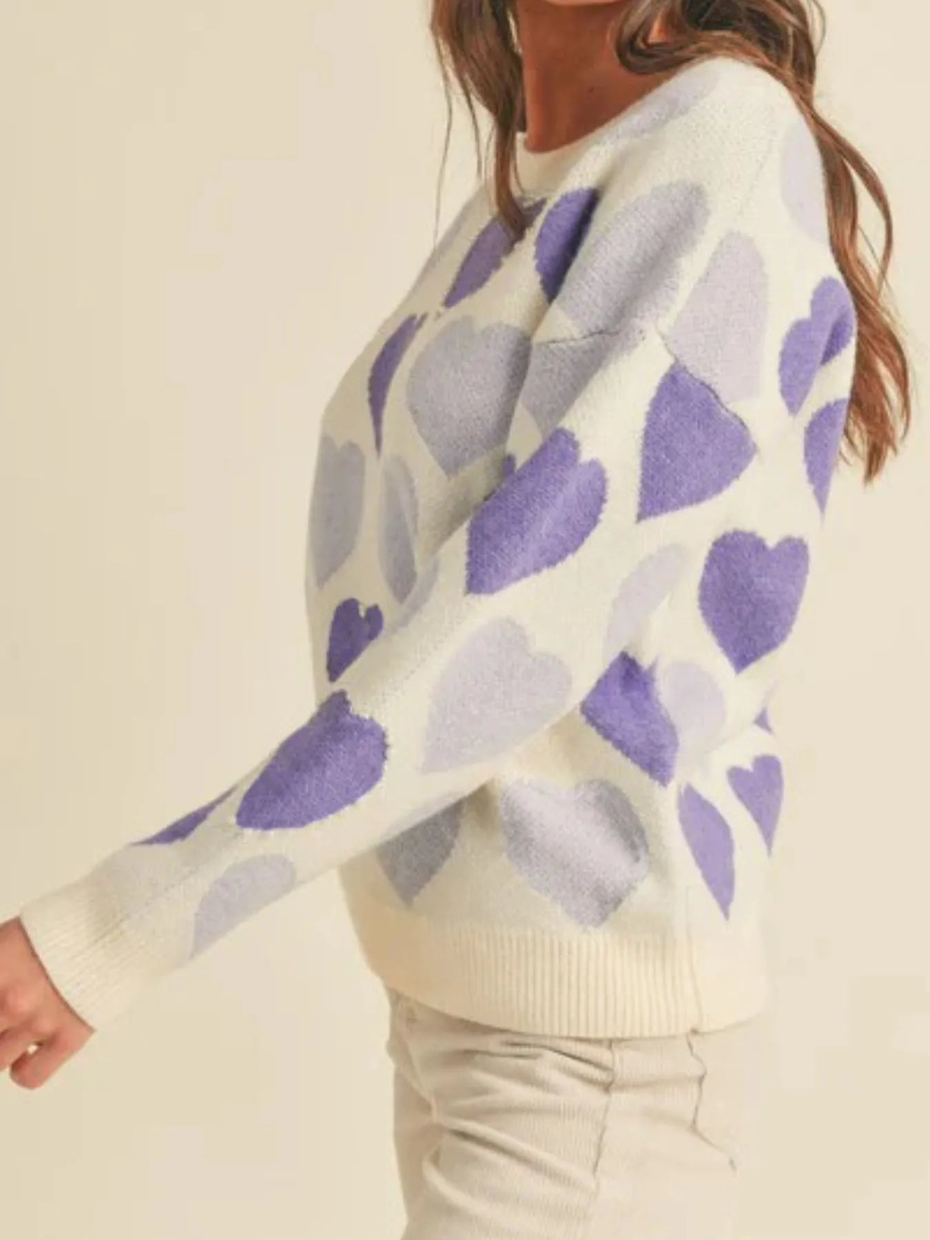 Heart Ribbed Hem Long Sleeve Sweater - Farnelli