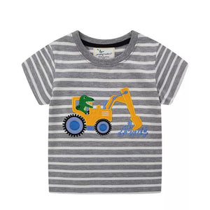 Children's Excavator Striped Round Neck T-Shirt - Farnelli