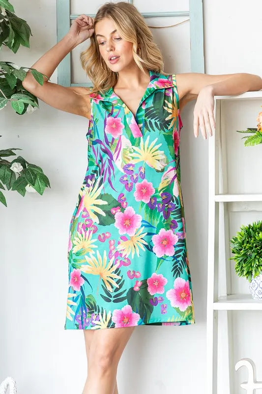 Heimish Full Size Floral Johnny Collar Sleeveless Dress Plus Size - Farnelli