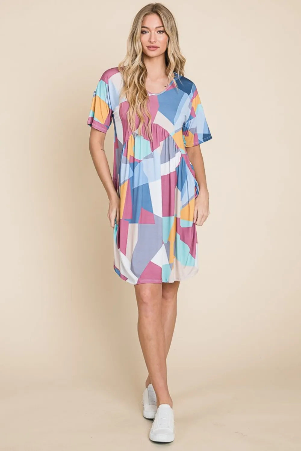 BOMBOM Ruched Color Block Short Sleeve Dress - Farnelli