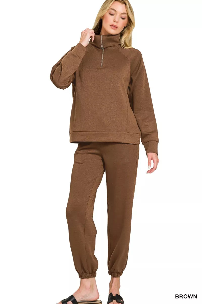 Zenana Scuba Half Zip Sweatshirts and Joggers Set - Farnelli