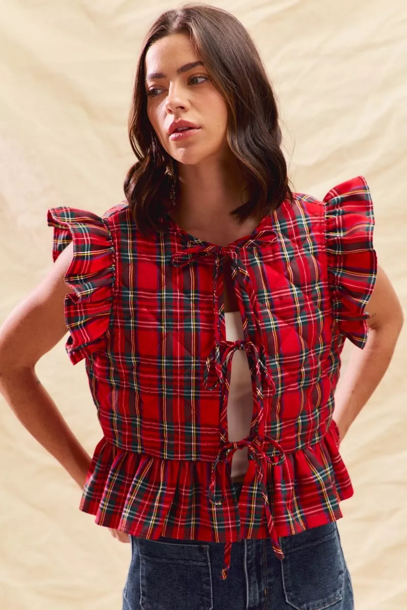SO ME Christmas Holiday Plaid Ruffled Quilt Vest Top - Farnelli