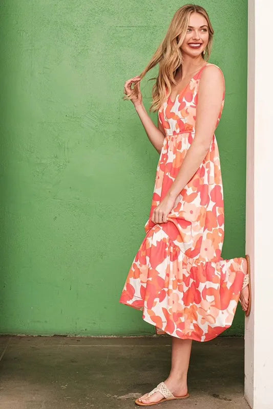 Lime 'N' Chili Sleeveless Floral Print V-Neck Midi Dress - Farnelli