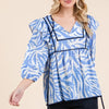 Lime 'N' Chili Graphic Print Solid Trim Quarter Sleeve Blouse - BLUE
