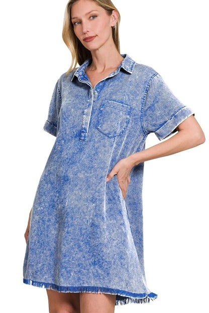 Zenana Tencel Mineral Washed Collared Shirts Dress - Farnelli