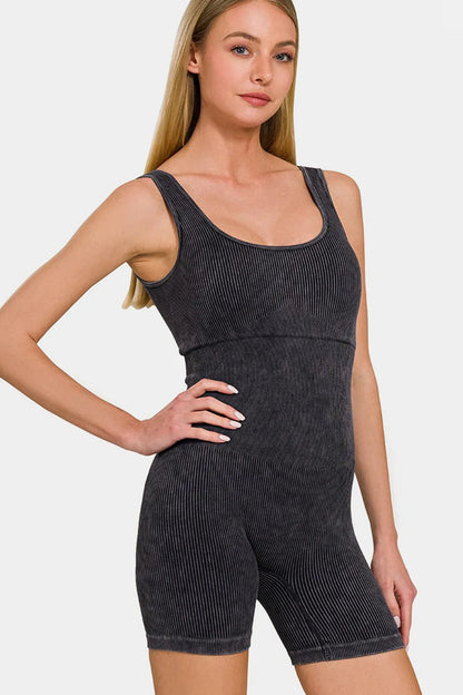 Zenana Washed Ribbed Romper with Pad - Farnelli