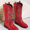 Embroidered Block Heels Boots - Red