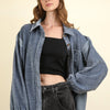 VERY J Mixed Media Button Down Raw Hem Shacket - Denim