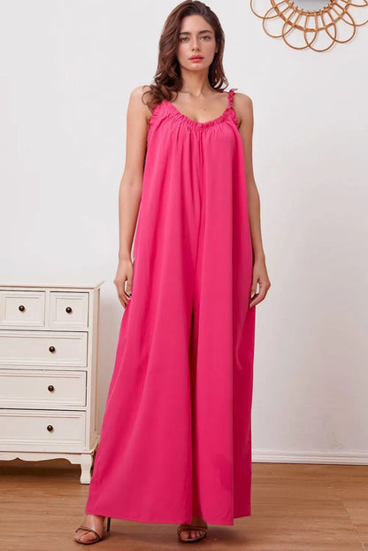 Double Take Full Size Ruffle Trim Tie Back Cami Jumpsuit with Pockets - Farnelli