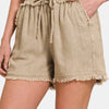 Zenana Washed Linen Frayed Hem Drawstring Shorts - Beige