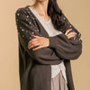 Umgee Full Size Open Front Cardigan with Long Sleeve Pearl Details Plus Size - CHARCOAL