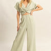HYFVE Twisted Front Short Sleeve Top and Wide Leg Pants Set - Sage