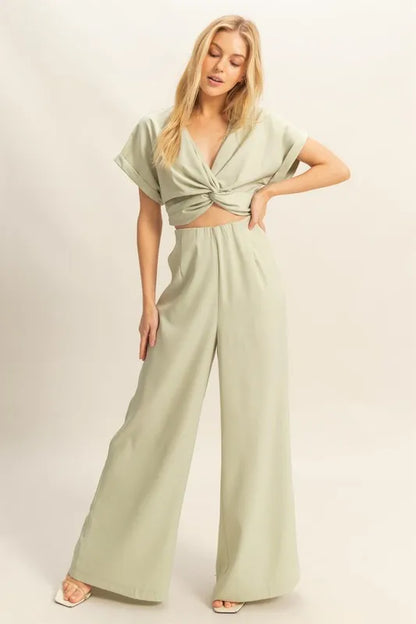 HYFVE Twisted Front Short Sleeve Top and Wide Leg Pants Set - Farnelli