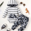 Children's Striped Hooded Bodysuit and Camouflage Pants Set - Dark Gray