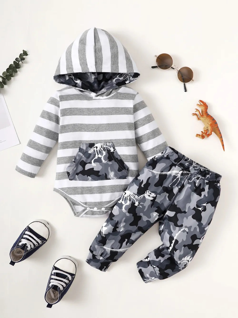 Children's Striped Hooded Bodysuit and Camouflage Pants Set - Farnelli